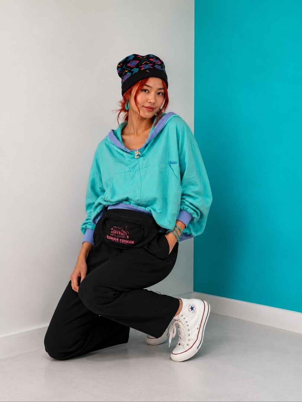 Oversized Teal 90s hip hop asymmetrical hoodie with kangaroo pocket